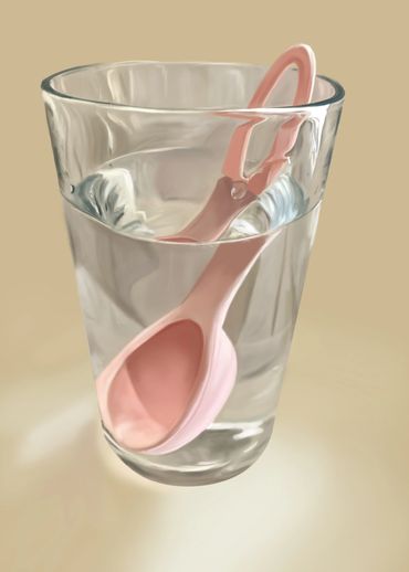 Digital rendering of a measuring spoon in a glass of water. 