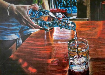 Colored pencil rendering of a person pouring water into a jar. 
