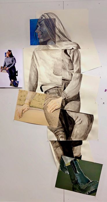 Full piece of 9 individual renderings pieced together to create an 8 by 3-foot full-body self-portra