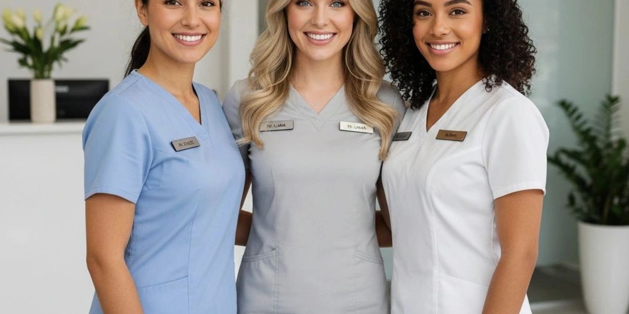 Three smiling healthcare professionals in scrubs standing together.
