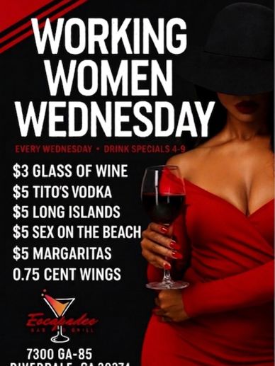 Advertisement for Working Women Wednesday drink specials at Escapades Bar and Grill.
