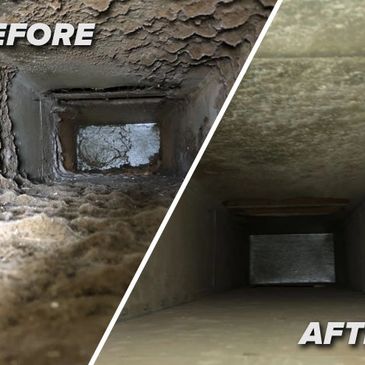 Duct cleaning before and after comparison showing dirt removal.