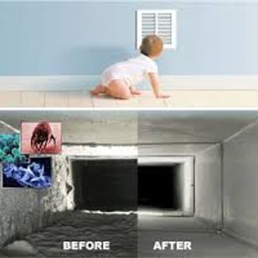 Before and after image showing cleaned air duct with a baby nearby.