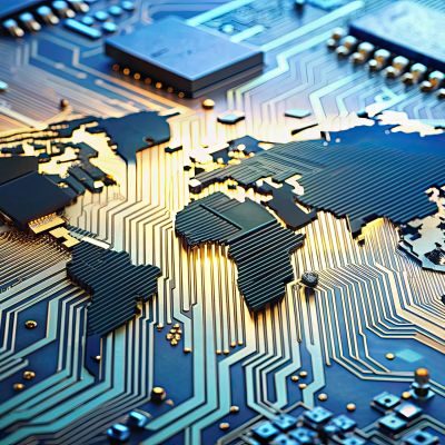 Circuit board with world map design symbolizing global technology.