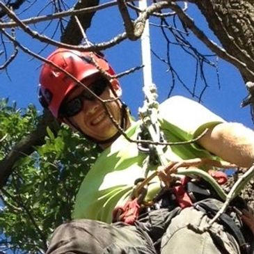 Person in helmet climbing or rappelling on a rope outdoors.
