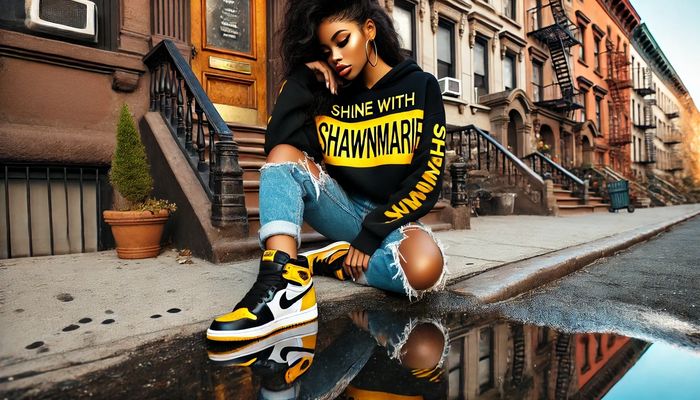 Young woman in ripped jeans and colorful sneakers sits on a city street curb.