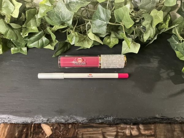 Pink lip gloss and lip liner on a dark surface with green leaves above.