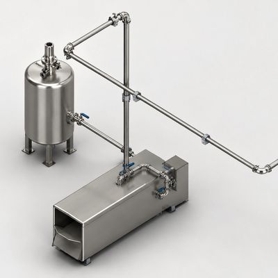 Equipo industrial de acero inoxidable con tuberías y tanque.