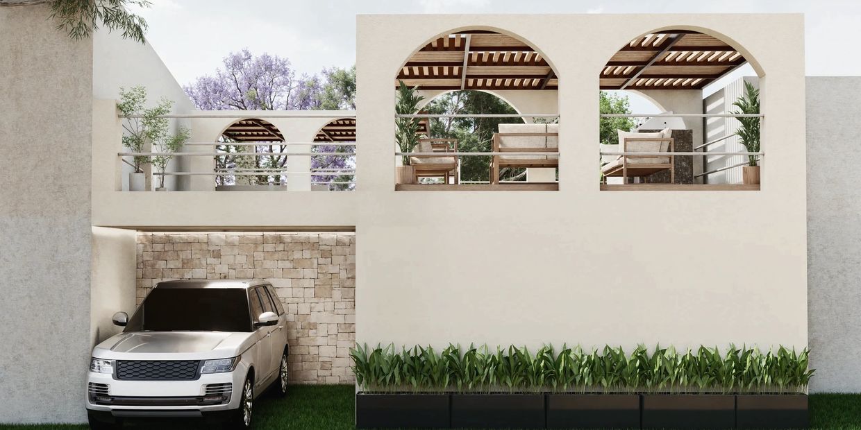 Casa moderna con terraza y coche estacionado en garaje.