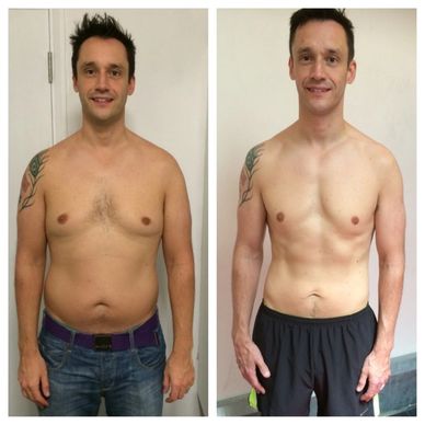 Before and after fitness transformation of a man showing weight loss and muscle toning.