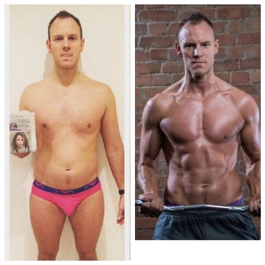 Before and after fitness transformation of a muscular man.