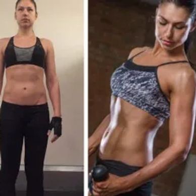 Before and after photos of a woman showing toned abdominal muscles transformation.