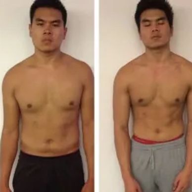 Before and after photos of a man showing physical transformation.