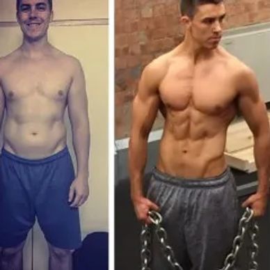 Before and after transformation showing significant muscle gain and fitness improvement.