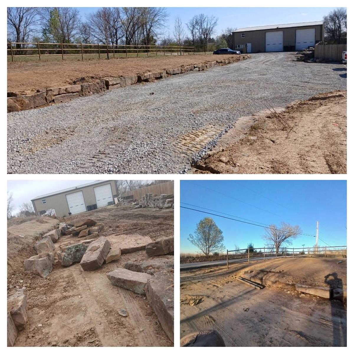 Gravel driveway construction with stone edging in progress by Thomas Lawn and Landscape in Oklahoma — dirt work and excavation