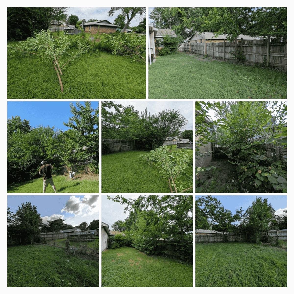 Backyard with mature leafy trees, manicured lawn and garden beds at a Tulsa area Oklahoma home — Thomas Lawn and Landscape lawn care