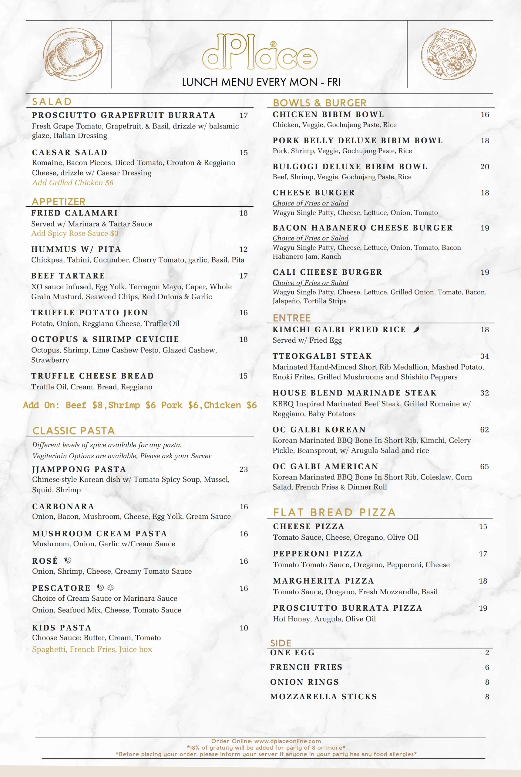 Lunch menu featuring salads, appetizers, bowls, burgers, pasta, pizzas, and sides.