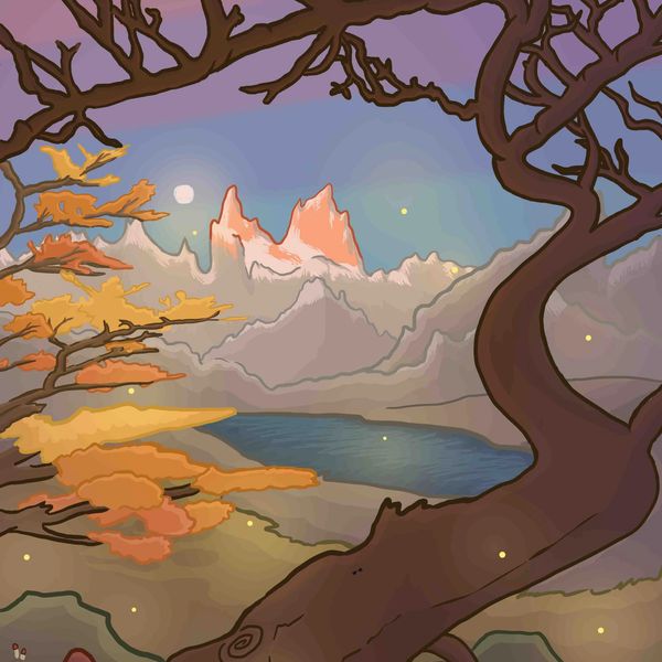 A serene autumn landscape with colorful trees, a lake, and distant mountains under a twilight sky.