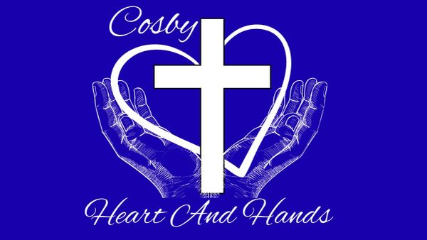 White cross and hands with heart on blue background and text.