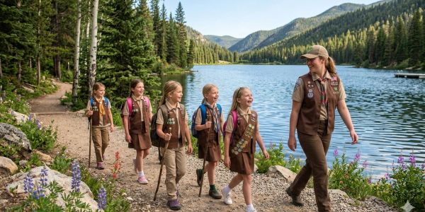 Group of Girl Scouts hiking by a lake.