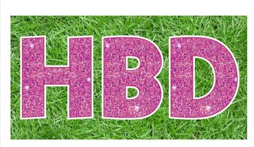 Glittery pink HBD letters on grass.