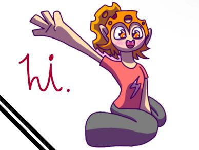 Character waving and saying hi.