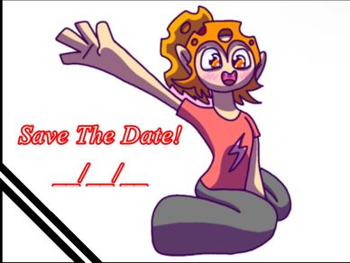 Cartoon character waving with 'Save The Date!' text.