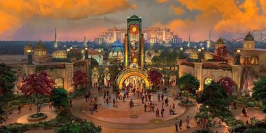 A bustling city square at sunset with a tall clock tower.