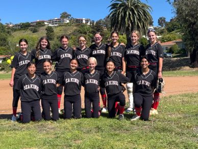 A girls' softball team posing together outdoors in black uniforms.