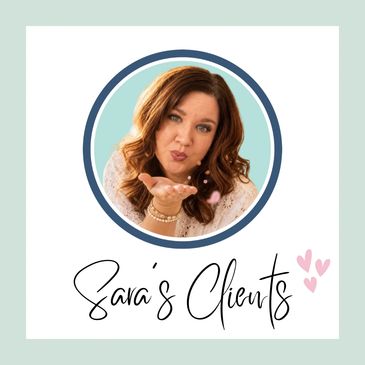 Woman blowing a kiss in a circle frame with text 'Sara's Clients'.