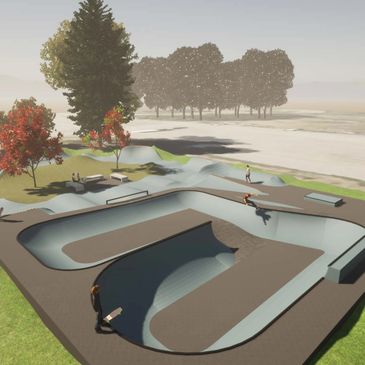 A modern outdoor skatepark with ramps and bowls surrounded by trees.
