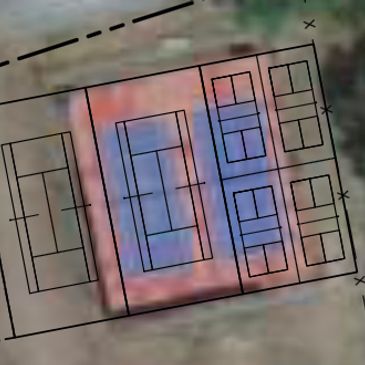 A site plan overlay showing a layout of multiple rectangular tennis courts.