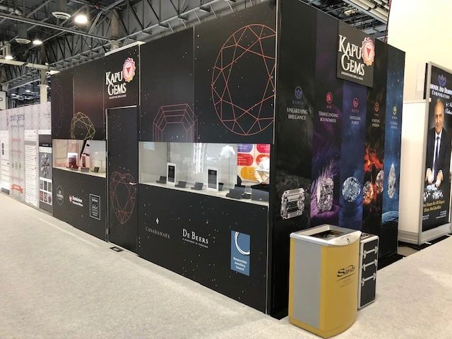custom trade show exhibits, acrylic show display, locking door, solid printed material, secured stan