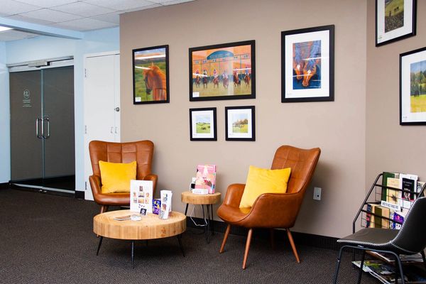 Cozy waiting area with leather chairs, yellow cushions, and framed horse artwork on the wall.