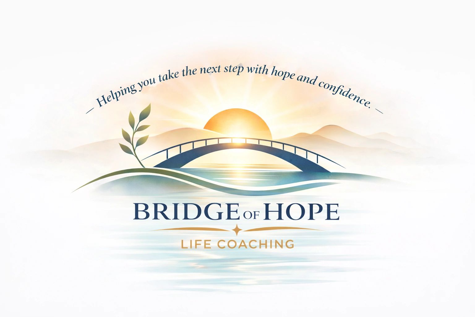A serene logo depicting a bridge over water with a sunrise and the text 'Bridge of Hope Life Coaching'.
