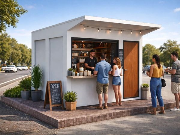 People ordering coffee at a small modern outdoor kiosk.