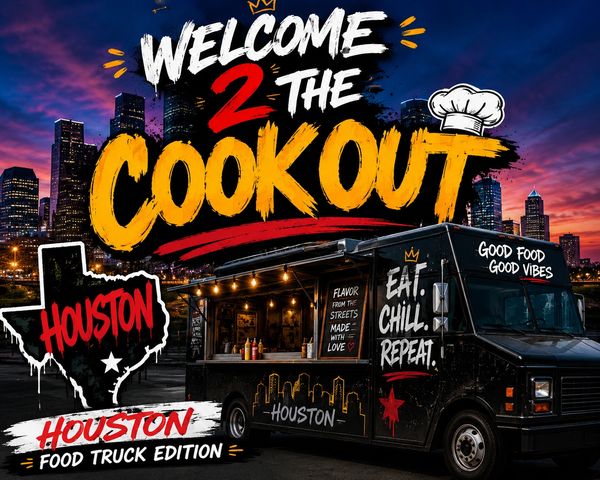 Houston food truck cookout event with vibrant city backdrop.