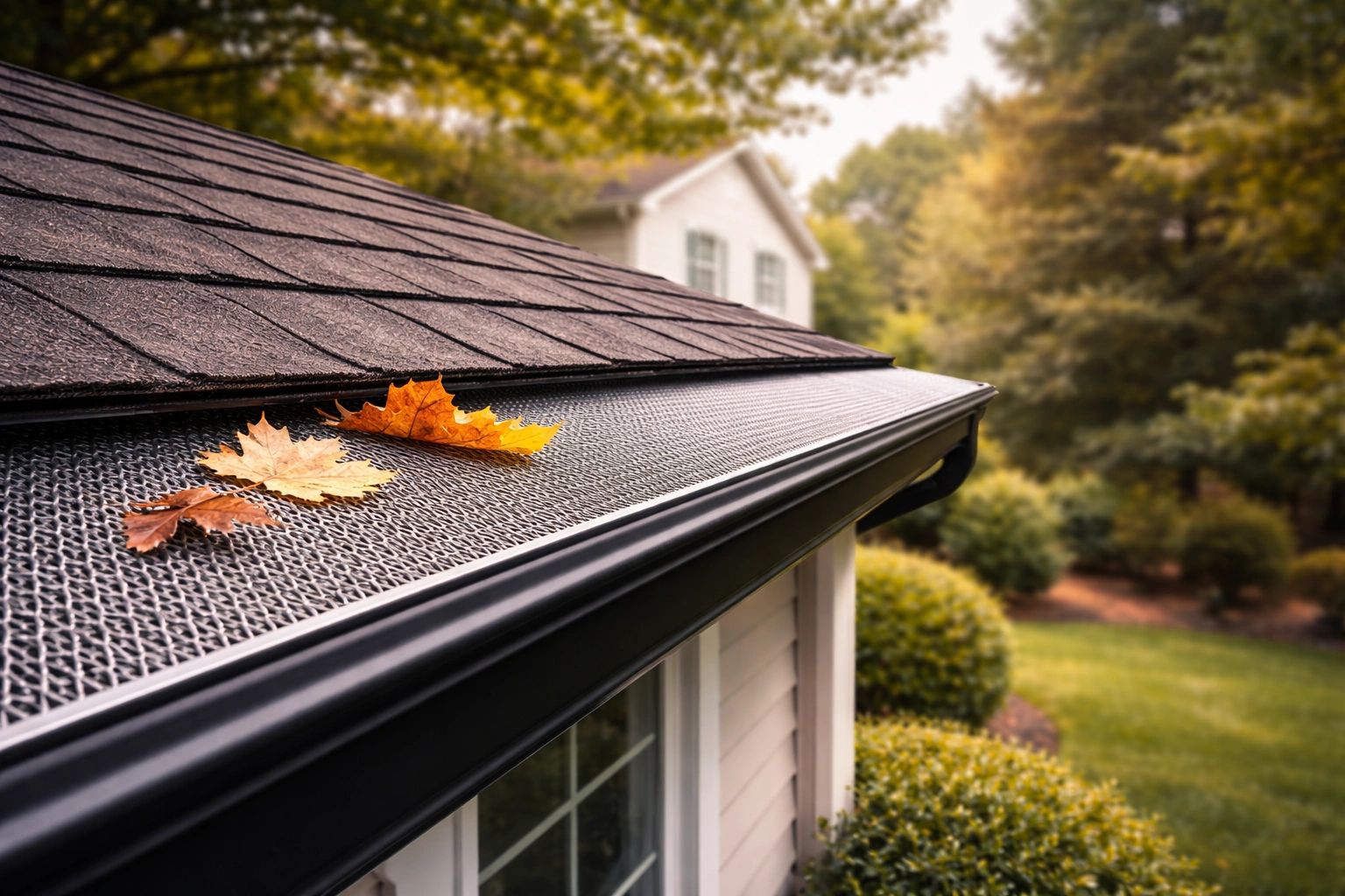 House roof with gutter guard covered in pine needles and leaves.