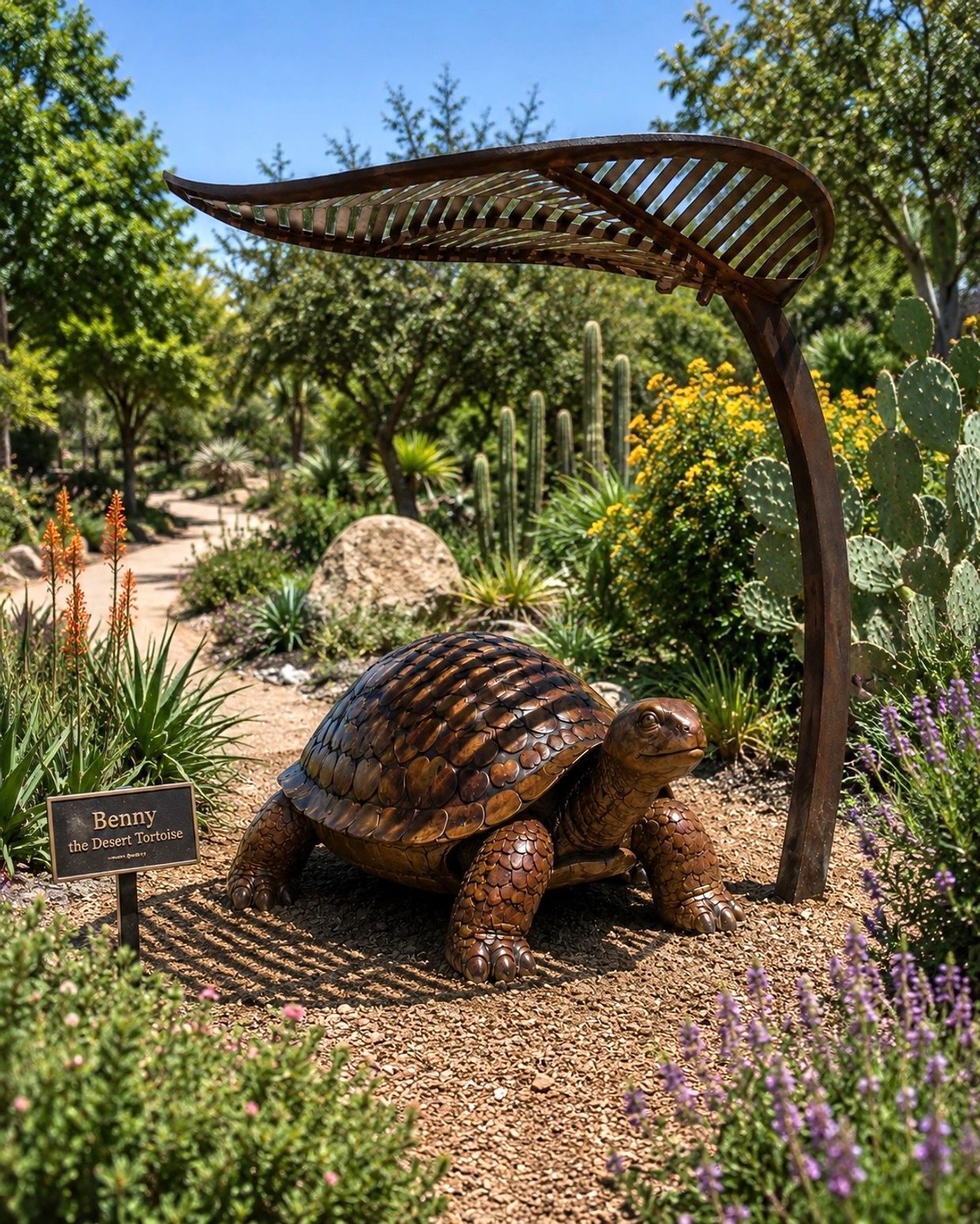 Bronze sculpture of a desert tortoise named Benny in a garden.