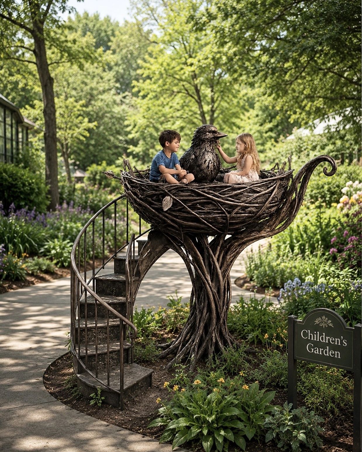 Two children sitting in a large bird nest sculpture in a garden.