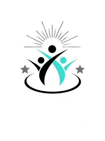 Abstract logo of two figures with sunburst and stars symbolizing unity and achievement.