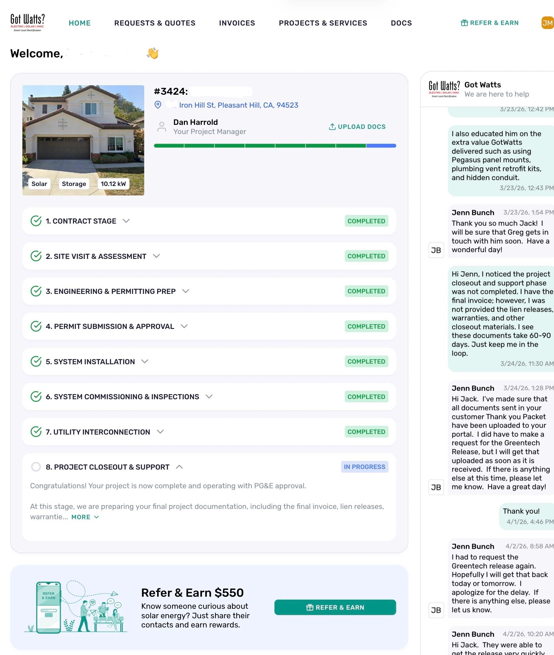 Solar project dashboard showing progress and customer chat support.