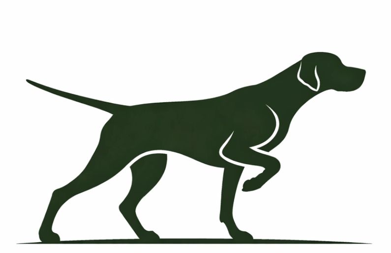 Silhouette of a pointing dog in a hunting stance.