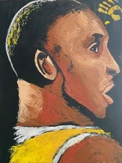 Painting of a man in profile with a yellow handprint on the dark background.