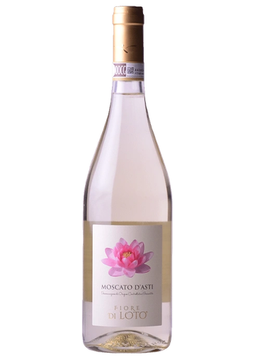 A bottle of Moscato d'Asti Fiore di Loto wine with a lotus flower label.