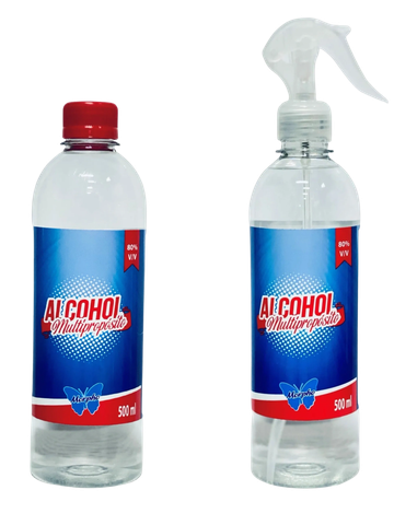 Dos botellas de alcohol multipropósito de 500 ml.