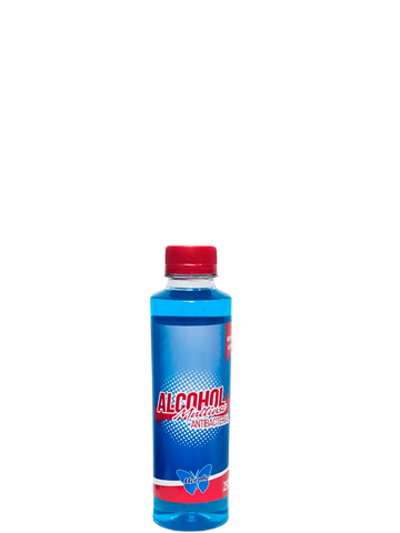 Botella de alcohol antibacterial azul con tapa roja.