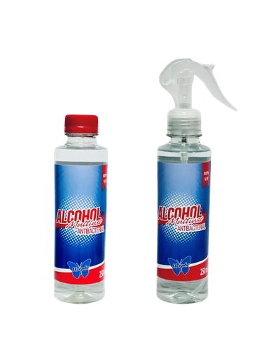 Botellas de alcohol antibacterial en dos presentaciones.