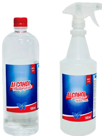 Dos botellas de alcohol multipropósito de 1000 ml.