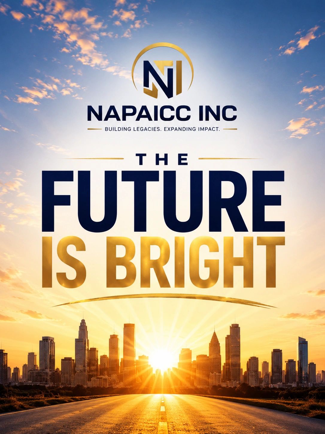 Sunrise over city skyline with inspirational text about a bright future.